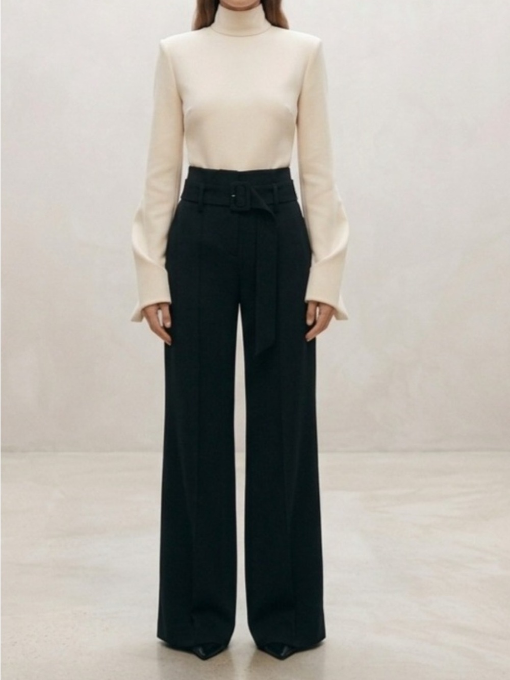 Theory High-Waist Wide-Leg Belted Trousers in Black